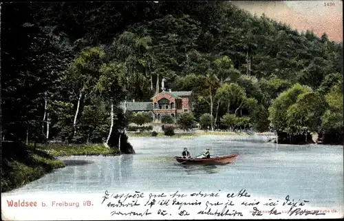 Ak Waldsee Freiburg im Breisgau, Wasserpartie mit Boot und Wohnhaus