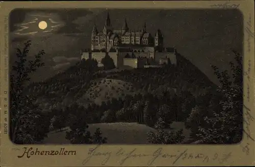 Mondschein Litho Bisingen in Baden Württemberg, Burg Hohenzollern bei Nacht