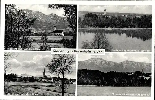 Ak Riedering in Oberbayern, Kirche mit Hochries, Tinninger See, Simsee mit Kampenwand
