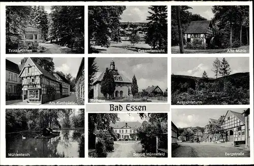 Ak Bad Essen in Niedersachsen, Trinkbrunnen, Alte Mühle, Bergstraße, Kirchplatz