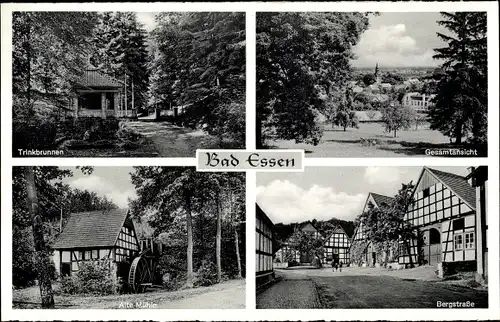 Ak Bad Essen in Niedersachsen, Trinkbrunnen, Alte Mühle, Bergstraße, Gesamtansicht