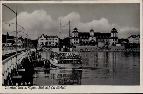 Ak Seebad Binz auf Rügen, Blick auf das Kurhaus, Ausflugsboot Rügen Sassnitz, Seebrücke