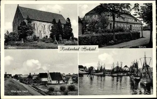 Ak Hooksiel Wangerland in Friesland, Kirche, Schule, Deich, Hafen