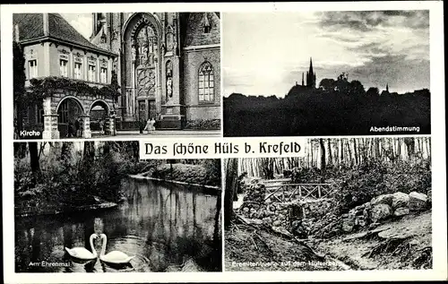 Ak Hüls Krefeld am Niederrhein, Kirche, Abendstimmung, am Ehrenmal, Schwäne, Eremitenquelle