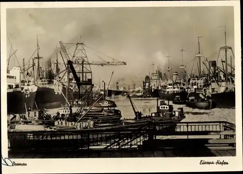 Ak Bremen, Europa Hafen, Lastkräne, Schiffe, Tanker