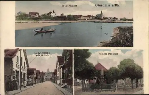 Ak Ginsheim Gustavsburg am Rhein, Kriegerdenkmal, Ludwigstraße, Schule, Totalansicht