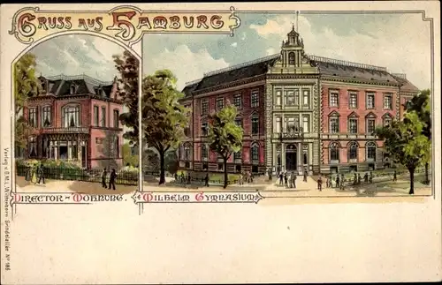 Litho Hamburg Eimsbüttel Rotherbaum, Wilhelm Gymnasium, Grundelallee, Direktorwohnung