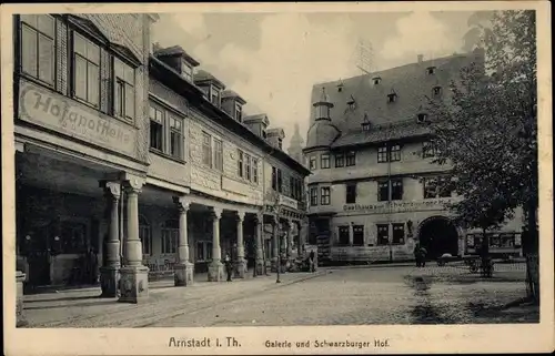 Ak Arnstadt in Thüringen, Galerie und Schwarzburger Hof, Apotheke