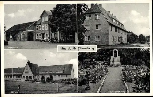 Ak Hasloh in Schleswig Holstein, Gasthof, Schule, Kriegerehrung