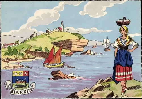 Ak Biarritz Pyrénées Atlantiques, Wappen, Frau in Tracht, Korb, Segelboot