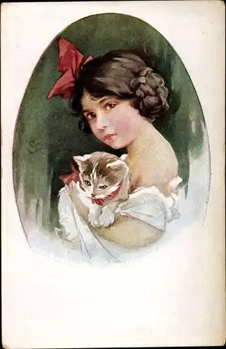 Künstler Ak Schilbach, O., Mädchen mit kleiner Katze auf dem Arm