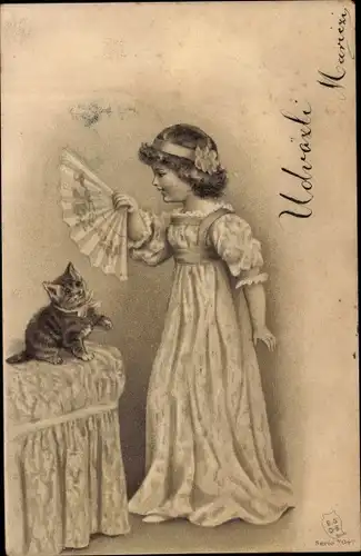 Litho Mädchen mit Fächer, kleine Katze