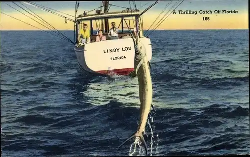 Ak Florida USA, A Thrilling Cath, Fischerboot mit gefangenem Fisch, Lindy Lou