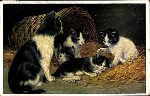 Ak Katzenmutter mit Katzenkindern, Weidenkorb