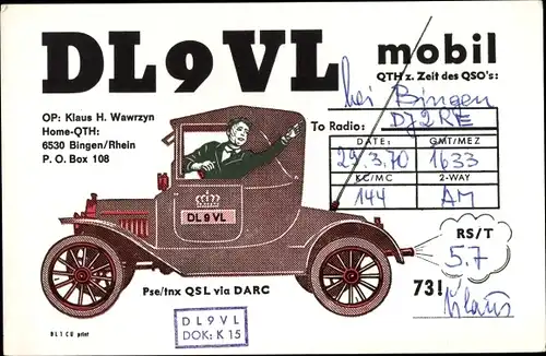 Ak QSL Funkerkarte DL9VL, Klaus H. Wawrzyn, Bingen am Rhein, Automobil