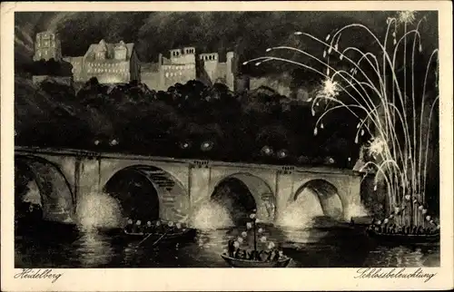 Ak Heidelberg am Neckar, Schlossbeleuchtung, Feuerwerk