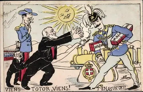 Künstler Ak Viktor Emanuel III mit Reisetasche, Emile Loubet, Karikatur