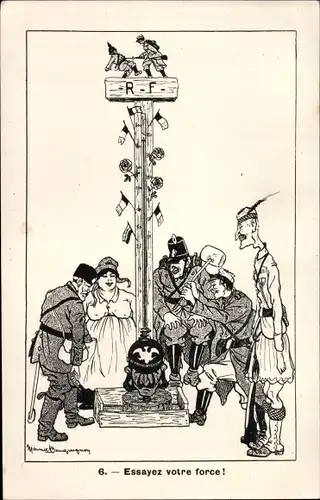 Künstler Ak Essayez votre force, Hau den Lukas, Kaiser Wilhelm II., Karikatur