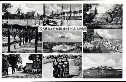 Ak Wyk auf Föhr Nordfriesland, Windmühle, Tachten, Panorama, Strand, Promenade