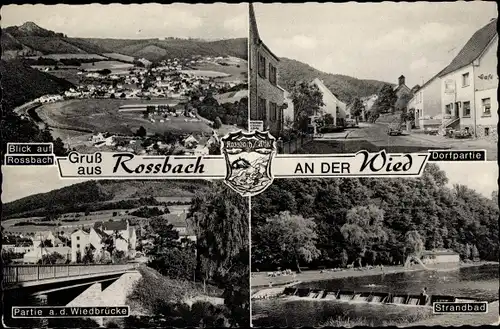 Ak Roßbach Rossbach an der Wied, Panorama, Dorf, Strandbad, Wiedbrücke