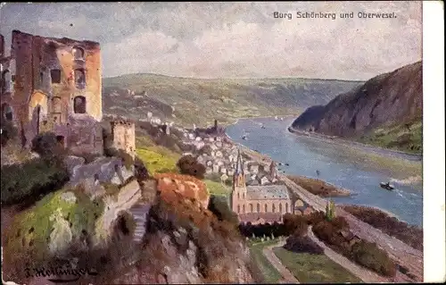 Künstler Ak Hellingen, Oberwesel am Rhein, Burg Schönberg