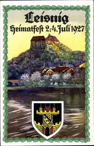 Künstler Ak R. Hertzsch, Leisnig in Sachsen, Heimatfest 2.-4.Juli 1927, offizielle Festkarte Nr. 1