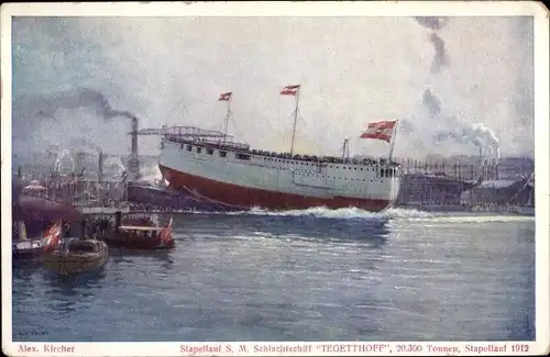 Künstler Ak Kircher, Alex, Österreichisches Schlachtschiff SMS Tegetthoff, Stapellauf 1912