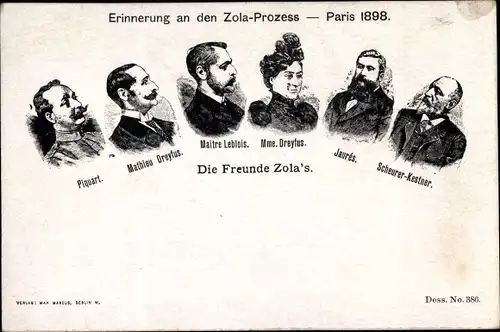 Ak Zola Prozess Paris 1898, Piquart, Mathieu Dreyfus, Maitre Leblois, Jaurés, Scheurer Kestner