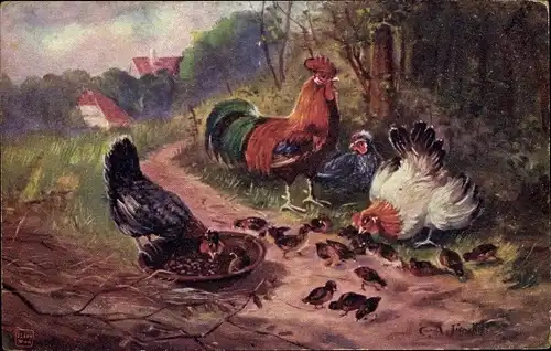 Künstler Ak Hühner mit vielen Küken, Hahn, Bauernhof