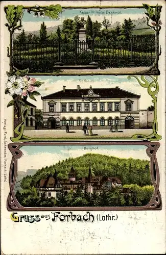 Litho Forbach Moselle Lothringen, Rathaus, Burghof, Kaiser Wilhelm Denkmal