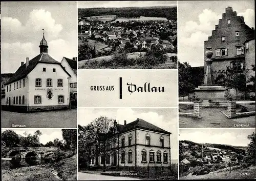 Ak Dallau Elztal im Odenwald, Schulhaus, Denkmal, Rathaus, Brücke, Gesamtansicht