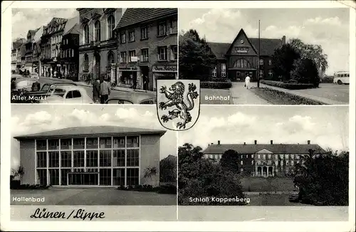 Ak Lünen in Westfalen, Schloss Kappenberg, Bahnhof Front, Alter Markt, Hallenbad