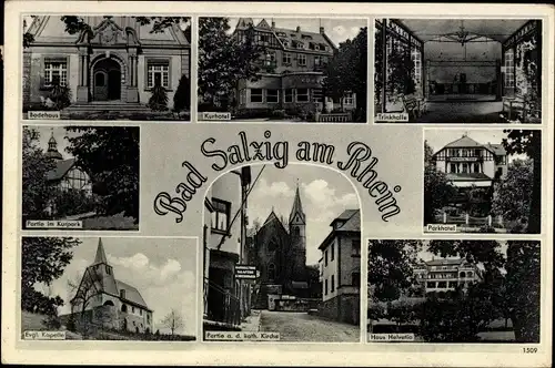 Ak Bad Salzig Boppard am Rhein, Kurhotel, Kirche, Kapelle, Kurpark, Haus Helvetia, Trinkhalle