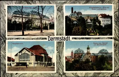 Ak Darmstadt in Hessen, Künstlerkolonie, Ernst Ludwig Haus, Schloss, Hauptbahnhof, Palais