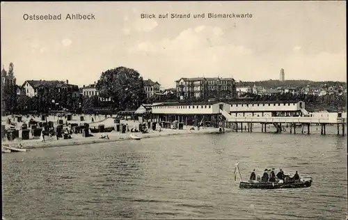 Ak Ostseebad Ahlbeck Heringsdorf auf Usedom, Strand und Bismarckwarte