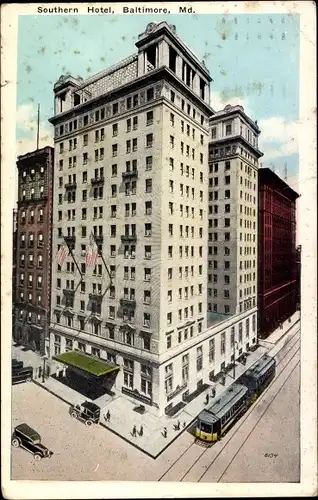Ak Baltimore Maryland USA, Southern Hotel, Straßenbahn