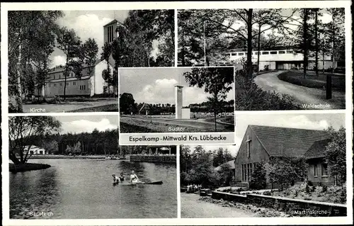 Ak Mittwald Espelkamp in Ostwestfalen Lippe, Kirche, Waldschule, Badeteich, Martinskirche, Südtor