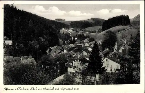 Ak Altenau Clausthal Zellerfeld im Oberharz, Schultal, Panorama, Sprungschanze