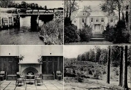 Ak Schnede Salzhausen, Haus Schnede innen und außen, Flusspartie mit Holzbrücke, Landschaft