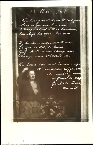 Gedicht Foto Ak Königin Wilhelmina der Niederlande, Portrait, 13 Mei 1940