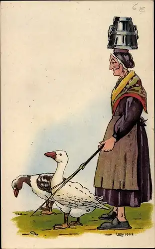 Künstler Ak Type Basques, Femme a la Ferrata, Bäuerin, Gänse
