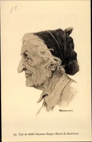 Künstler Ak Baudichon, Type de vieille Paysanne Basque, Profilansicht einer älteren Frau