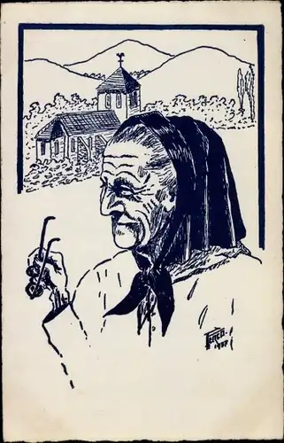 Künstler Ak Barèges Hautes Pyrénées, Bigourdane, Alte Dame in Tracht, Brille