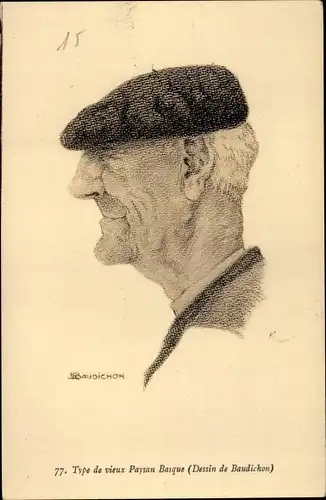 Künstler Ak Baudichon, Type de vieux Paysan Basque, Mann in Tracht, Profilansicht