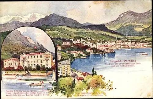 Künstler Litho Schlemo, E., Paradiso Lugano Kt. Tessin Schweiz, Blick auf den Ort, Villa Carmen