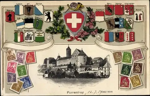 Wappen Briefmarken Ak Pruntrut Porrentruy Kanton Jura, Blick auf den Ort, Kantonalwappen