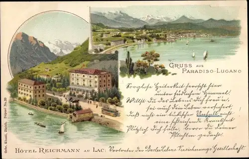 Litho Paradiso Lugano Kanton Tessin, Hotel Reichmann, Blick auf den Ort