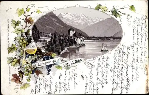 Vorläufer Passepartout Litho Chillon Lac Léman Kt Waadt Schweiz, Chateau, Gebirge, 1895