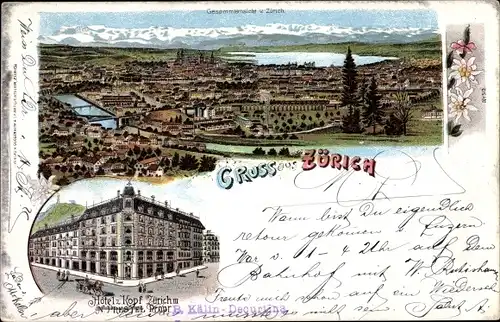 Litho Zürich Stadt Schweiz, Hotel zum Kopf, Blick auf den Ort