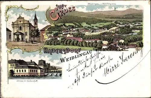 Litho Wien Penzing Hadersdorf Weidlingau, Blick auf den Ort, Kirche, Schloss